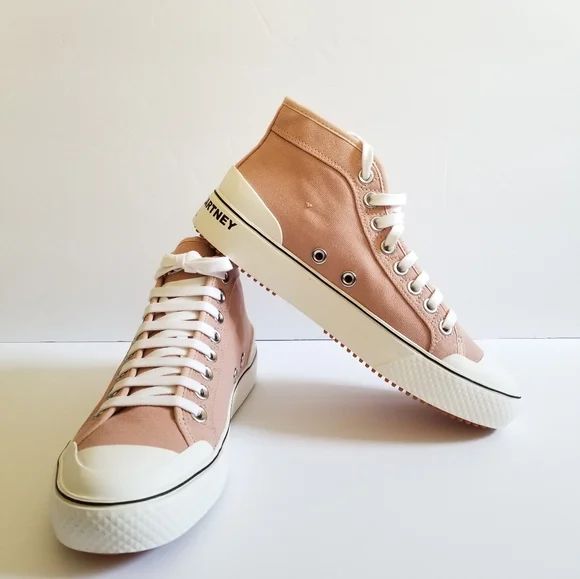 Stella McCartney Cotton Lace Up Sneakers Size 39 White Tan - Picture 1 of 11